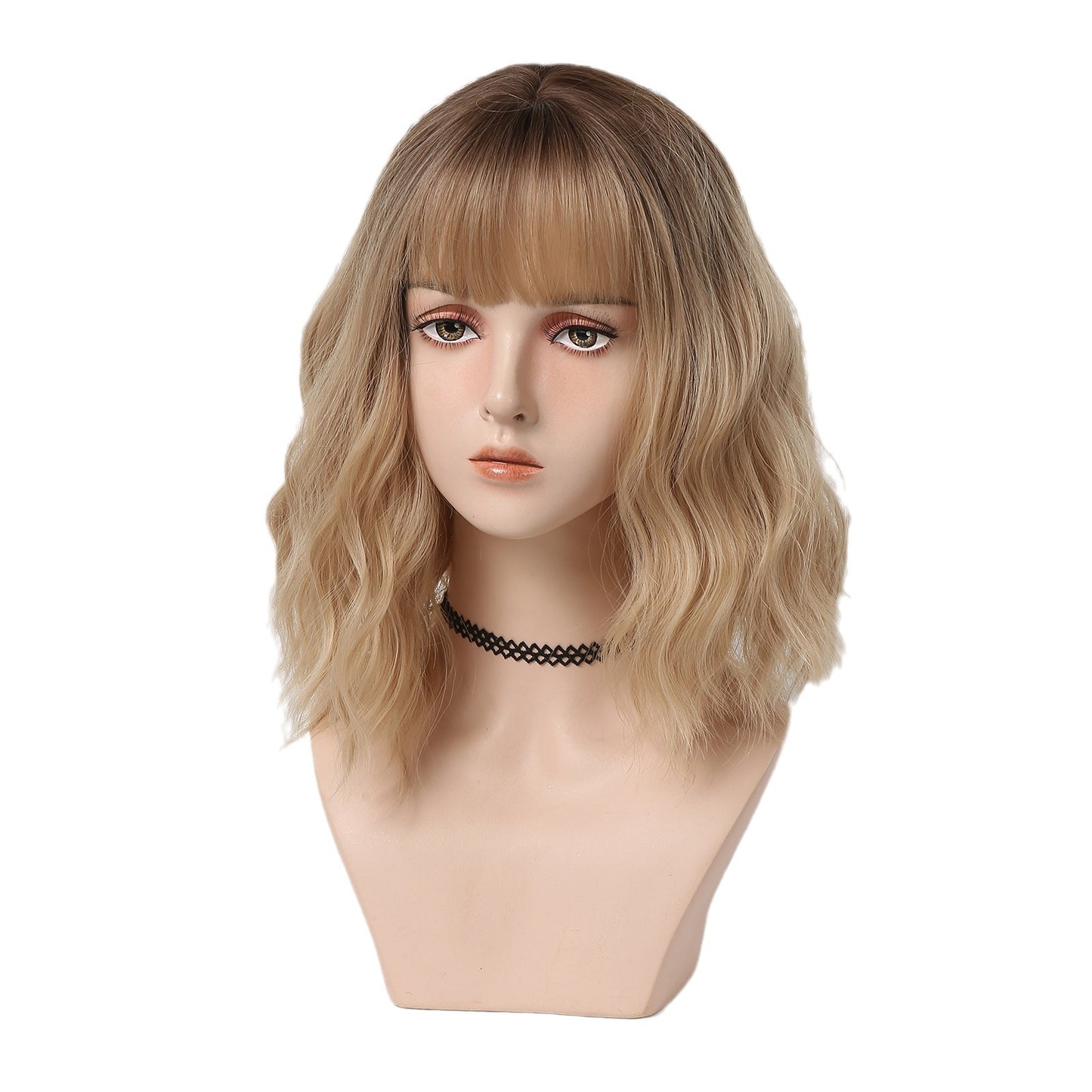 Wig Women's Short Curly Hair Clavicle Method Japanese And Korean Style Gradient Blonde Headgear Full Headgear Summer Breathable Natural