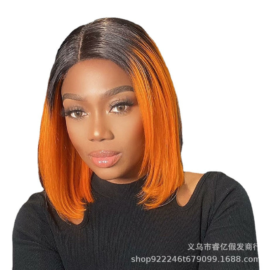 New Hot Style European And American Wigs In The Middle Orange Head Dyed Black Short Straight Hair