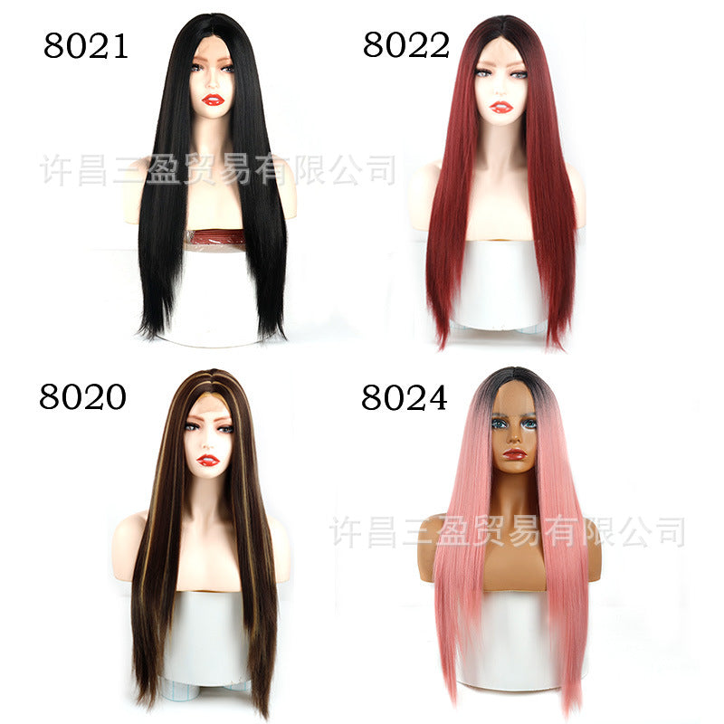 Cross-border Wigs Europe And The United States Front Lace Headgear Ladies Middle Bangs Long Straight Hair Chemical Fiber High Temperature Silk Wig