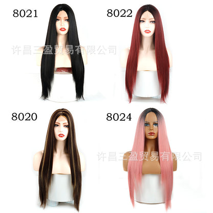 Cross-border Wigs Europe And The United States Front Lace Headgear Ladies Middle Bangs Long Straight Hair Chemical Fiber High Temperature Silk Wig
