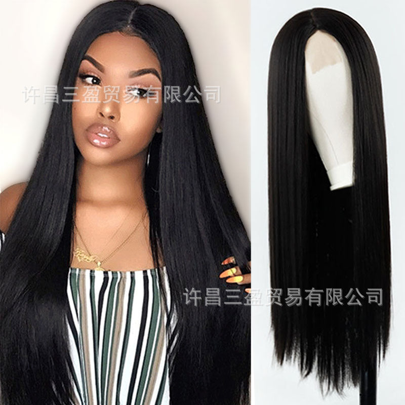 Cross-border Wigs Europe And The United States Front Lace Headgear Ladies Middle Bangs Long Straight Hair Chemical Fiber High Temperature Silk Wig