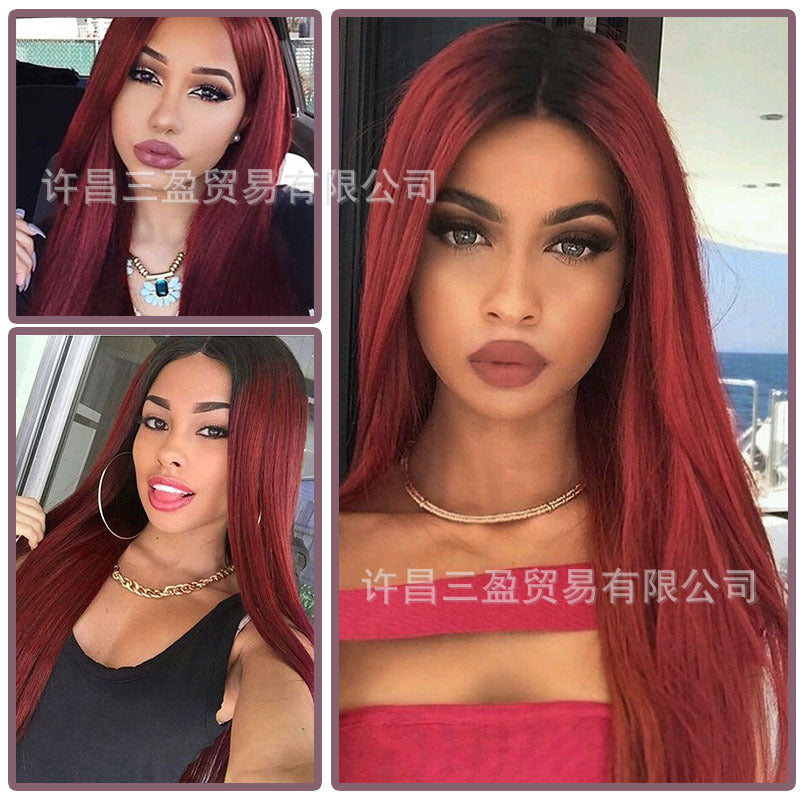 Cross-border Wigs Europe And The United States Front Lace Headgear Ladies Middle Bangs Long Straight Hair Chemical Fiber High Temperature Silk Wig