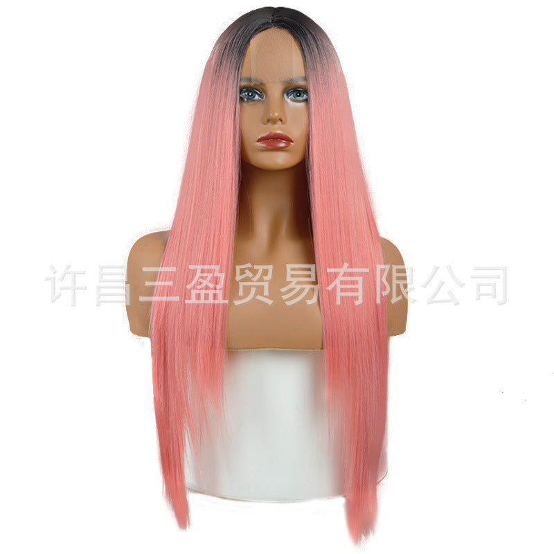 Cross-border Wigs Europe And The United States Front Lace Headgear Ladies Middle Bangs Long Straight Hair Chemical Fiber High Temperature Silk Wig
