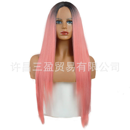 Cross-border Wigs Europe And The United States Front Lace Headgear Ladies Middle Bangs Long Straight Hair Chemical Fiber High Temperature Silk Wig