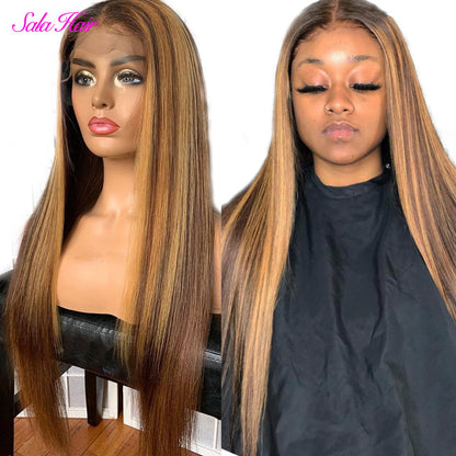 European And American Wig Headgear Bleached Dyed Smooth Hair Headgear Mid-section Long Straight Hair Highlighted Gold Fashion Wig