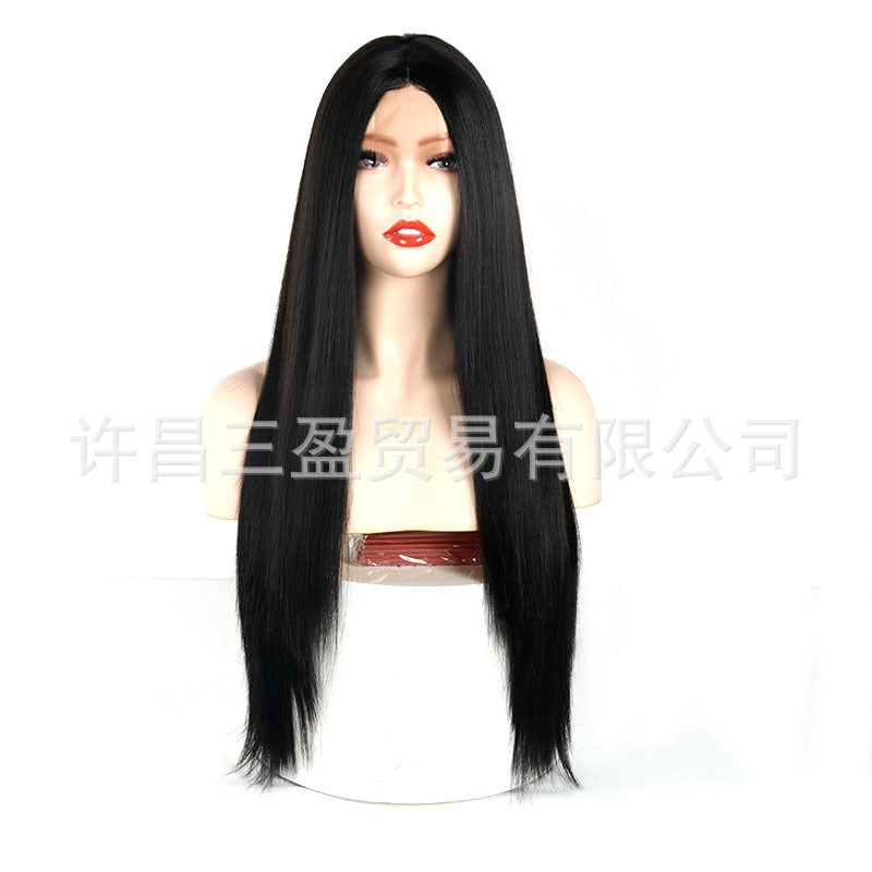 Cross-border Wigs Europe And The United States Front Lace Headgear Ladies Middle Bangs Long Straight Hair Chemical Fiber High Temperature Silk Wig
