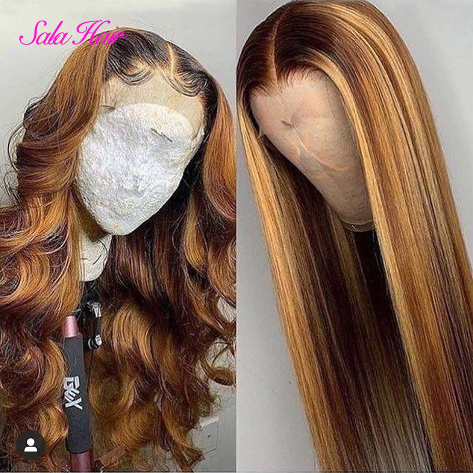 European And American Wig Headgear Bleached Dyed Smooth Hair Headgear Mid-section Long Straight Hair Highlighted Gold Fashion Wig