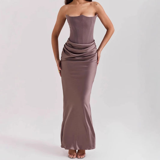 2025 Europe And The United States Cross-border Spring And Summer New Waist Hip Dress Satin Tube Pleated Stitching Dress Women&#039;s Clothing