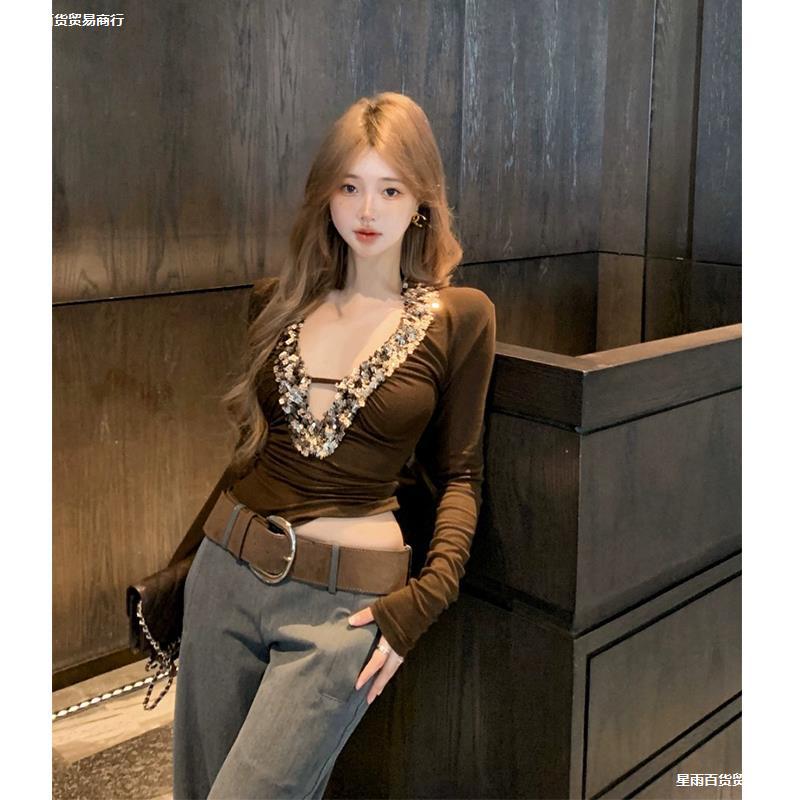 Super A Big Heroine # Atmospheric Glitter Hollow Collar Top Retro Hot Girl Slimming Long-Sleeved Shirt Winter