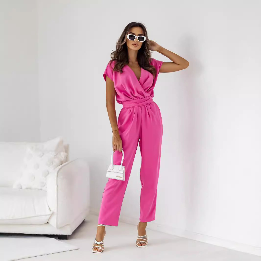 New Women&#039;s Solid Color Waist Lace-up V-neck Sleeve Pocket Jumpsuit