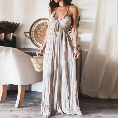 Summer New Solid Color Sexy Backless U-Collar Strap Back Long Dress