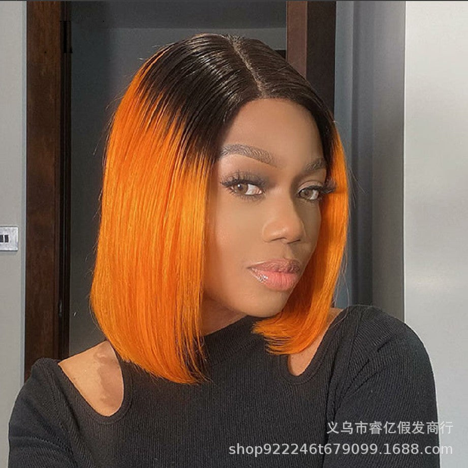 New Hot Style European And American Wigs In The Middle Orange Head Dyed Black Short Straight Hair