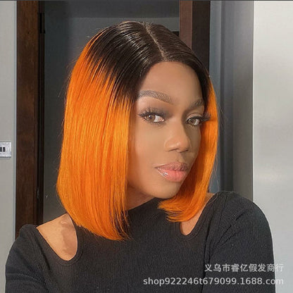 New Hot Style European And American Wigs In The Middle Orange Head Dyed Black Short Straight Hair