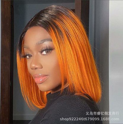 New Hot Style European And American Wigs In The Middle Orange Head Dyed Black Short Straight Hair