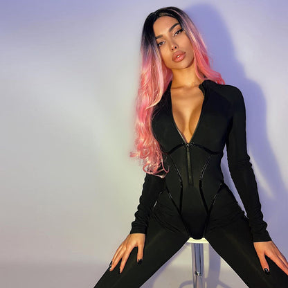 Hot Girl Fashion Sports Leather American Style Split Line Long Sleeve Zipper Slim-Fit Hip Jumpsuit