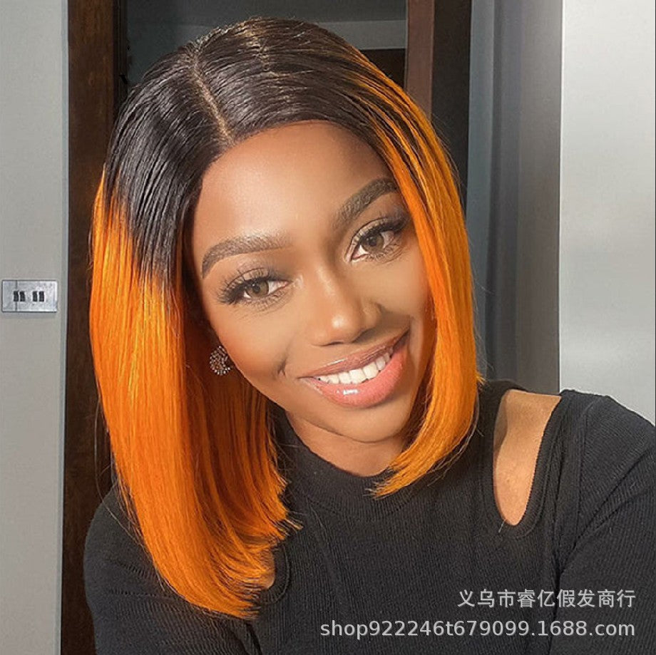 New Hot Style European And American Wigs In The Middle Orange Head Dyed Black Short Straight Hair