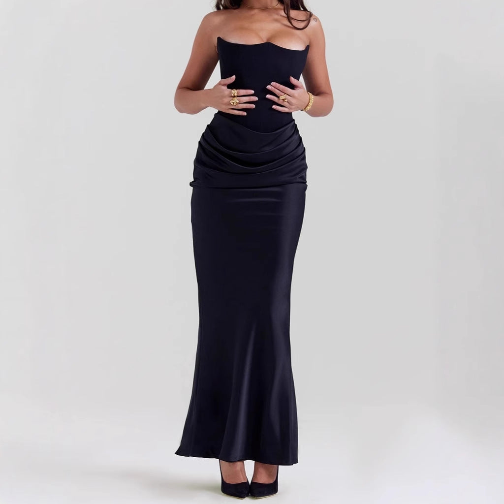 2025 Europe And The United States Cross-border Spring And Summer New Waist Hip Dress Satin Tube Pleated Stitching Dress Women&#039;s Clothing