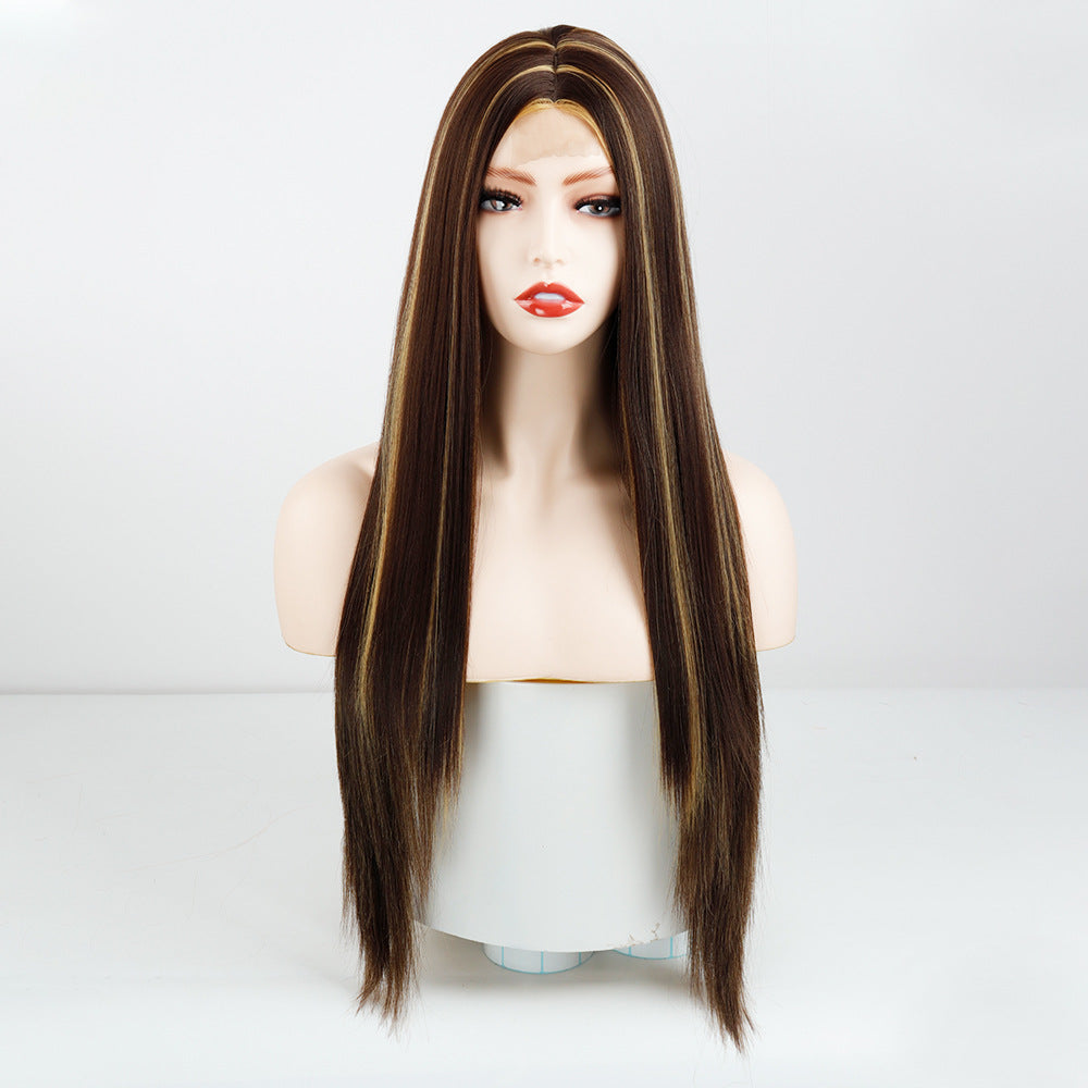 Cross-border Wigs Europe And The United States Front Lace Headgear Ladies Middle Bangs Long Straight Hair Chemical Fiber High Temperature Silk Wig