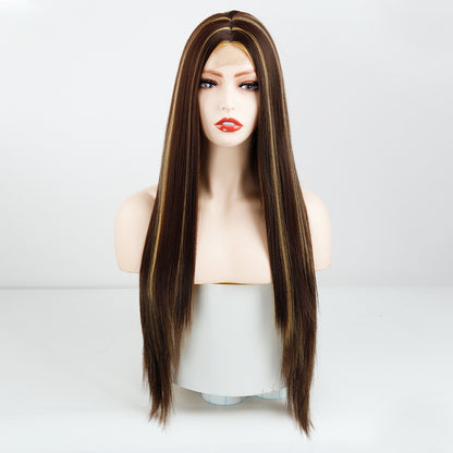 Cross-border Wigs Europe And The United States Front Lace Headgear Ladies Middle Bangs Long Straight Hair Chemical Fiber High Temperature Silk Wig