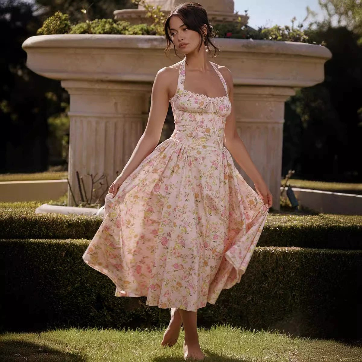 Women&#039;s Sexy Neck Floral Dress Long Dress Slim-fit Vacation Dress Women