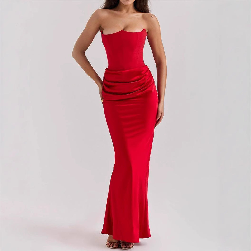 2025 European And American Style Autumn And Winter New Cross-Border Women&#039;s Fashion Tube Top Sexy Backless Slim Evening Dress Dress For Women
