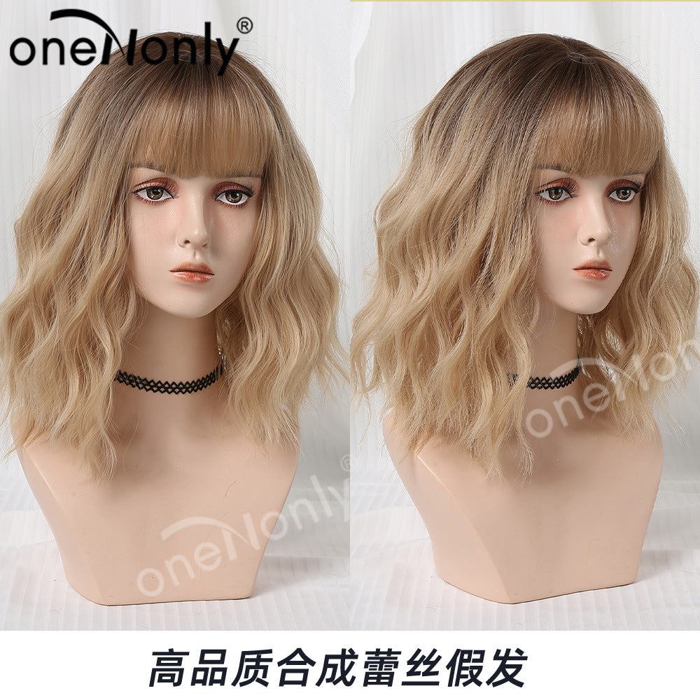 Wig Women&#039;s Short Curly Hair Clavicle Method Japanese And Korean Style Gradient Blonde Headgear Full Headgear Summer Breathable Natural