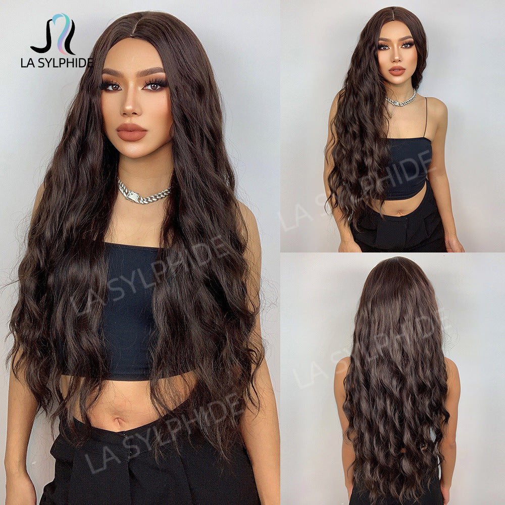 1B Black Long Curly Hair 28in Black Wig Female Amazon New Product Mechanism High Temperature Wire Head Cover