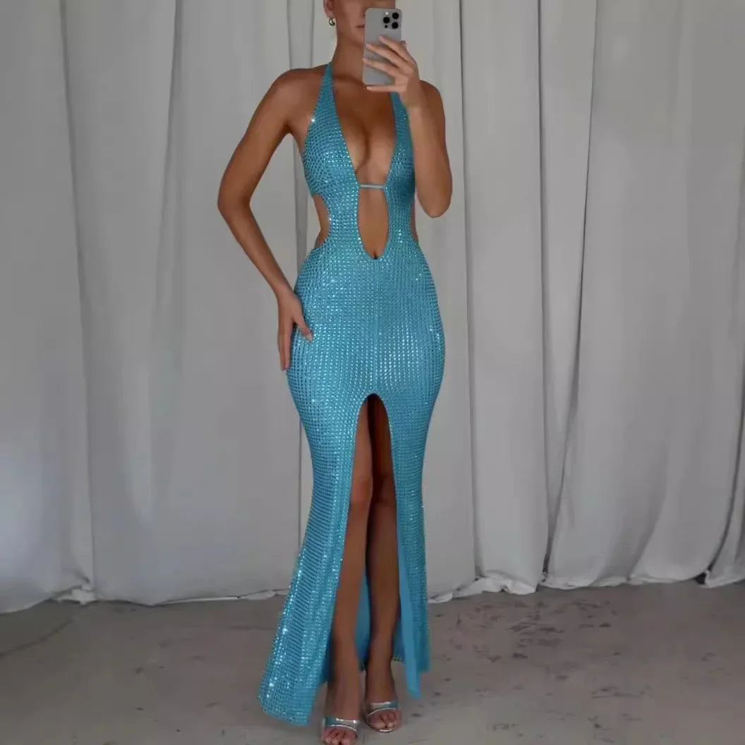 Sexy Women&#039;s Hollow Out Shoulder Strapless Diamond Long Dress Fashionable Cross-Border New Style Sleeveless Chinese Origin