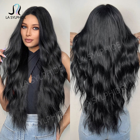 1B Black Long Curly Hair 28in Black Wig Female Amazon New Product Mechanism High Temperature Wire Head Cover