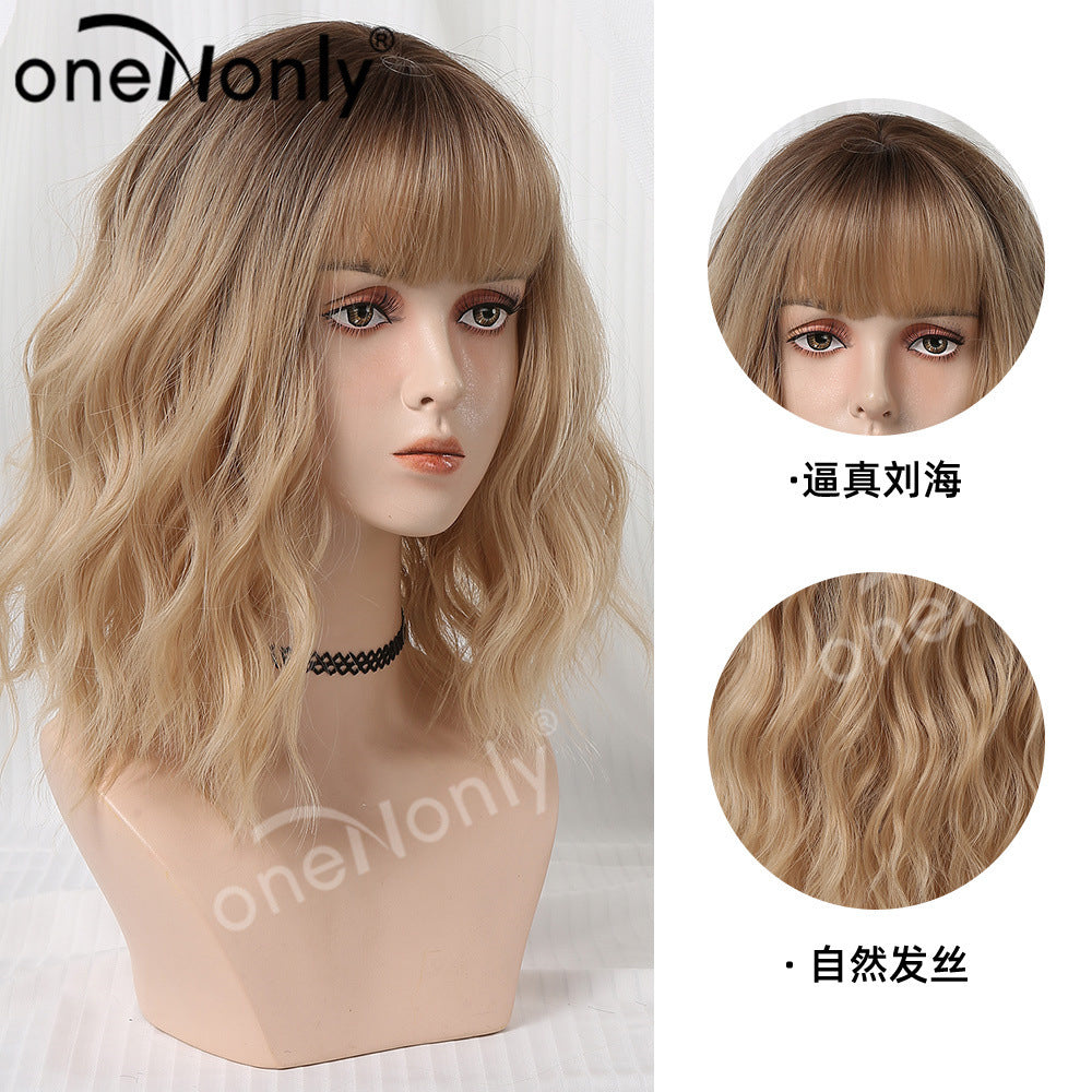 Wig Women&#039;s Short Curly Hair Clavicle Method Japanese And Korean Style Gradient Blonde Headgear Full Headgear Summer Breathable Natural