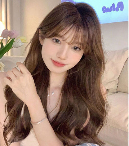 Wig Women&#039;s Full Headgear Big Wave Medium And Long Curly Hair Air Bangs Net Red Fashion Simulation Hair Whole Top Hair Set