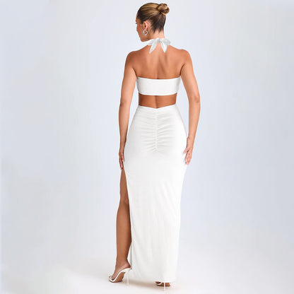 Cross-Shoulder Long Dress Sexy Backless Hollow Out Pleated Bodycon Skirt European And American Style Summer Dress For Women