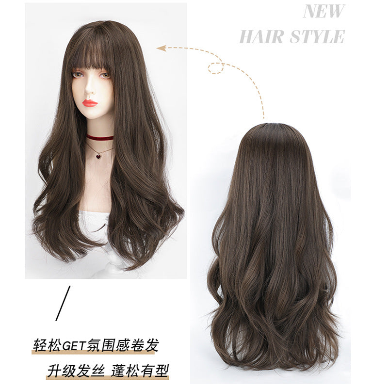 Wig Women&#039;s Full Headgear Big Wave Medium And Long Curly Hair Air Bangs Net Red Fashion Simulation Hair Whole Top Hair Set