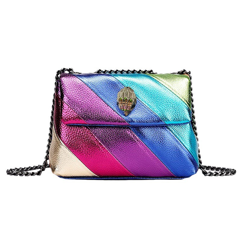 Cross-border European And American Fashion New Women&#039;s Bag Rainbow Contrasting Color Splicing Bag Eagle Bird Head Chain Shoulder Crossbody Bag Women&#039;s Bag