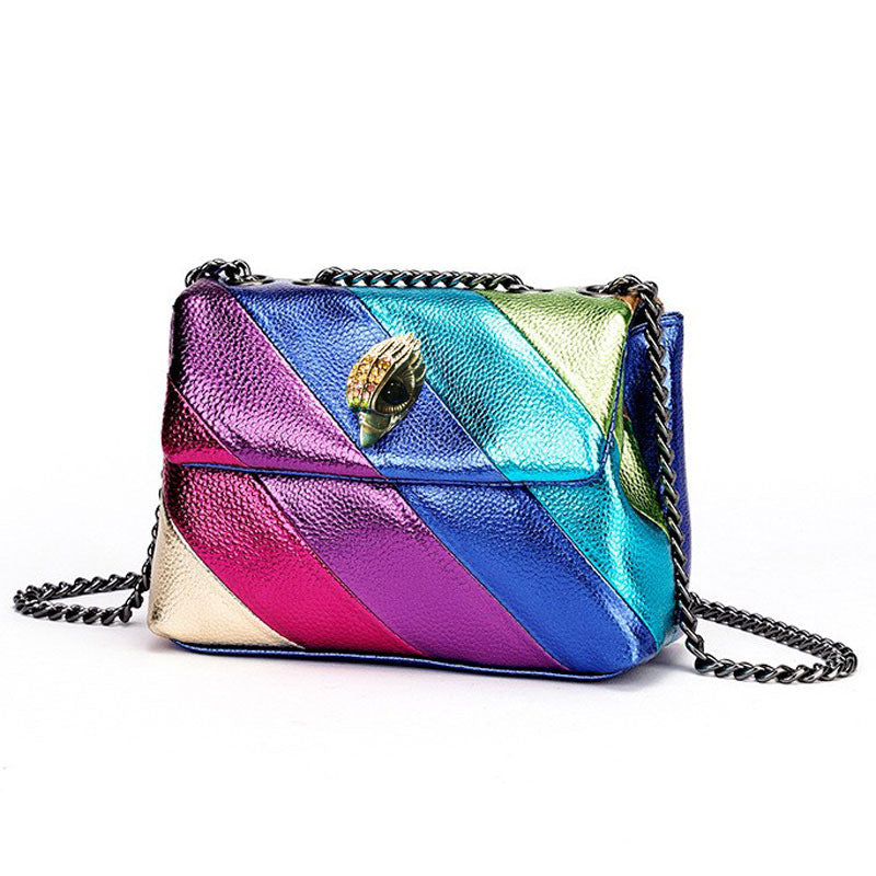 Cross-border European And American Fashion New Women&#039;s Bag Rainbow Contrasting Color Splicing Bag Eagle Bird Head Chain Shoulder Crossbody Bag Women&#039;s Bag
