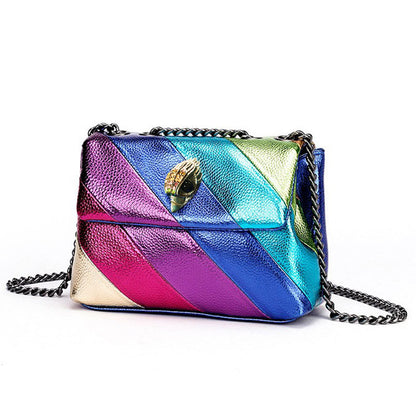 Cross-border European And American Fashion New Women&#039;s Bag Rainbow Contrasting Color Splicing Bag Eagle Bird Head Chain Shoulder Crossbody Bag Women&#039;s Bag