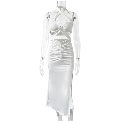 Cross-Shoulder Long Dress Sexy Backless Hollow Out Pleated Bodycon Skirt European And American Style Summer Dress For Women