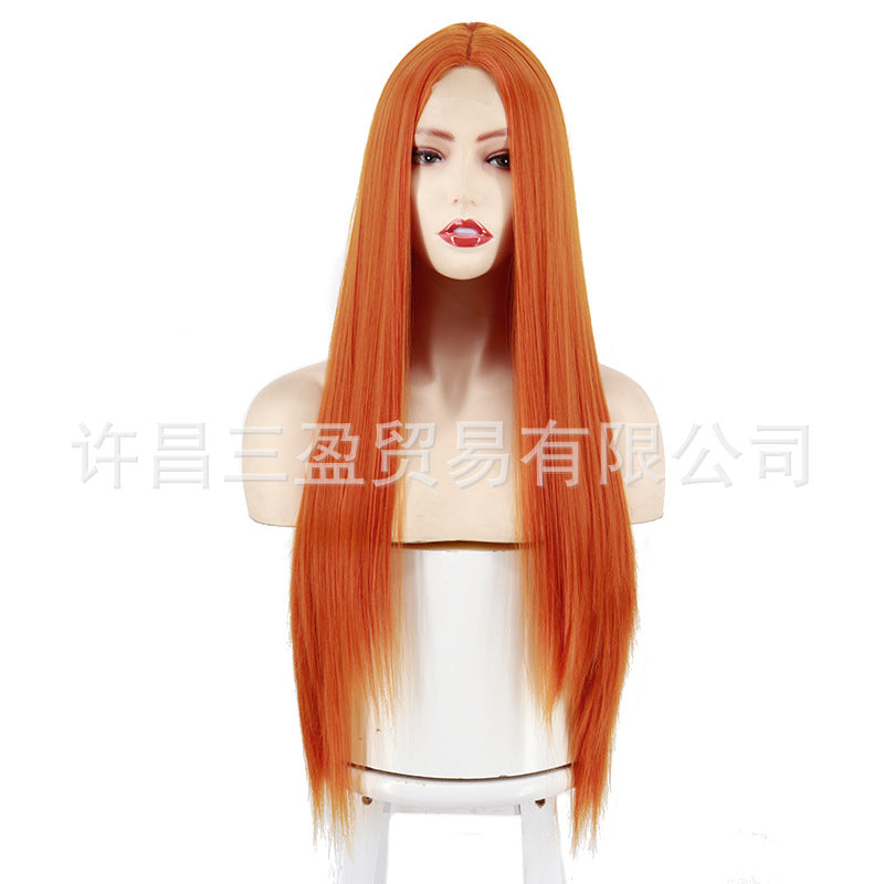 Cross-border Wigs Europe And The United States Front Lace Headgear Ladies Middle Bangs Long Straight Hair Chemical Fiber High Temperature Silk Wig