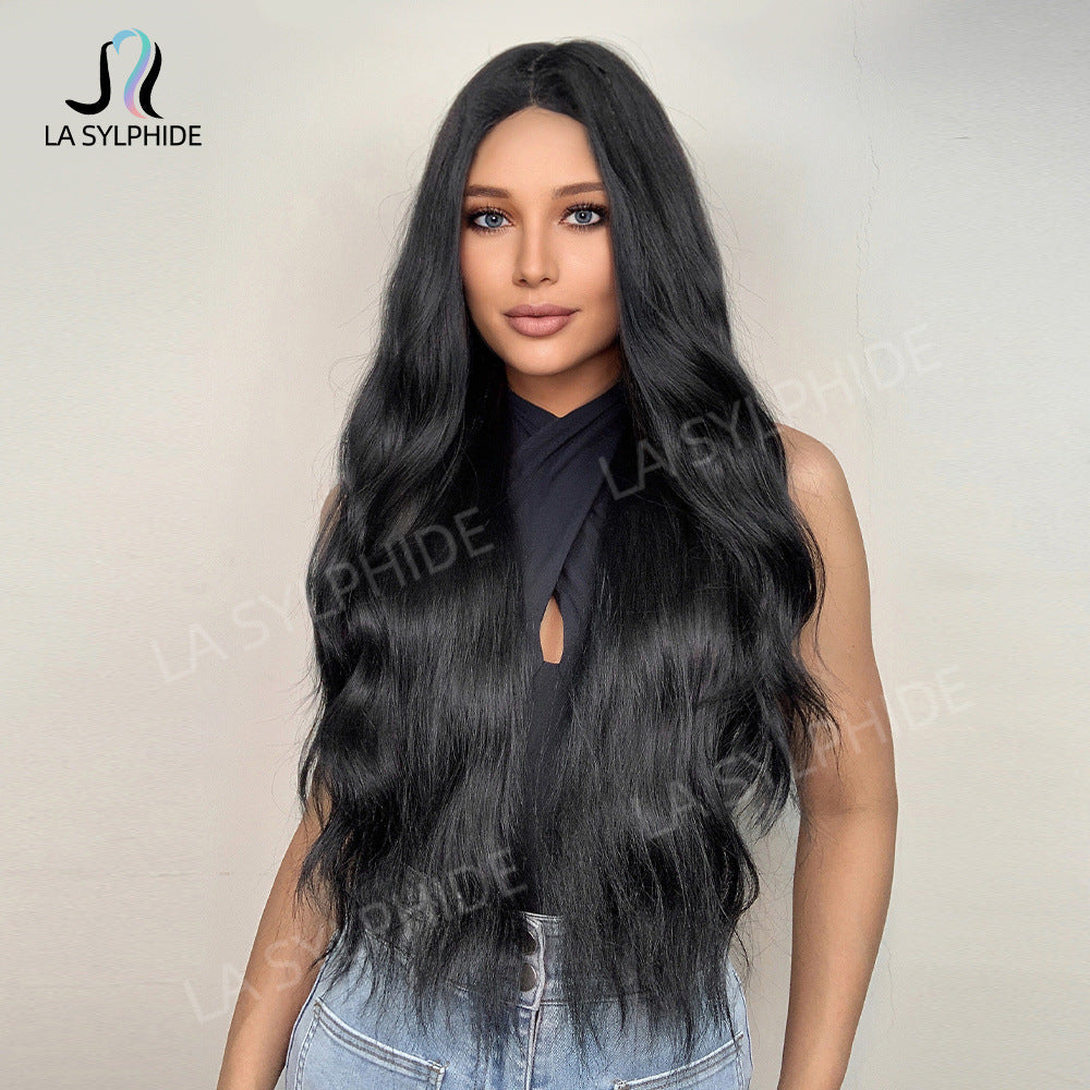 1B Black Long Curly Hair 28in Black Wig Female Amazon New Product Mechanism High Temperature Wire Head Cover