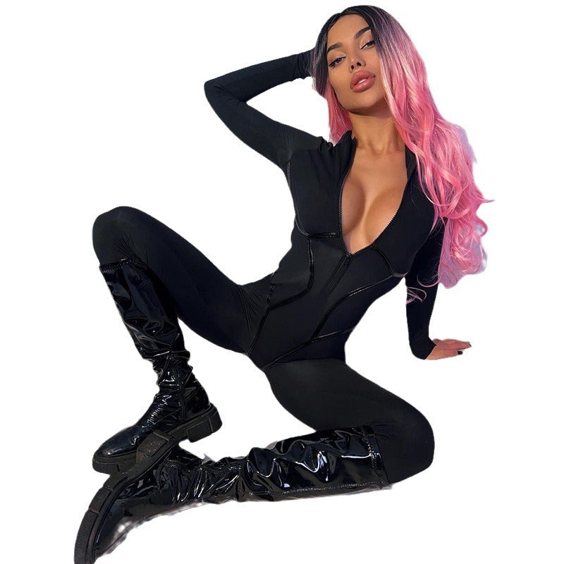 Hot Girl Fashion Sports Leather American Style Split Line Long Sleeve Zipper Slim-Fit Hip Jumpsuit