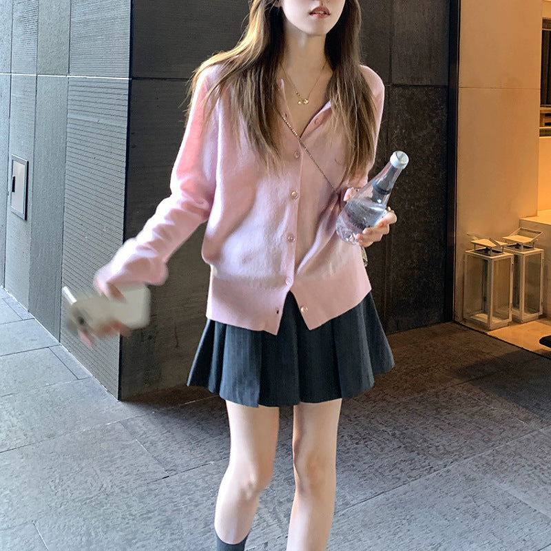 Grey Cardigan Wool Crewneck Single-breasted Knitted Cardigan