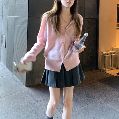 Grey Cardigan Wool Crewneck Single-breasted Knitted Cardigan