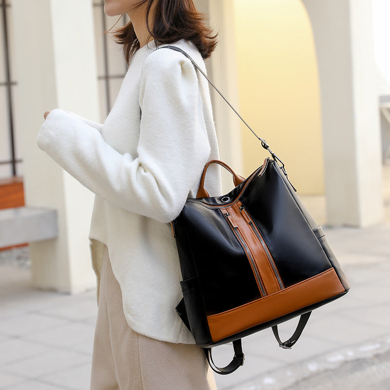 New Women&#039;s Backpack Casual Lightweight Shoulder Travel Bag Fashion Retro Stitching Commuter Bag PU Soft Leather Texture