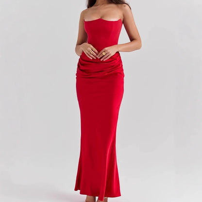 2025 Europe And The United States Cross-border Spring And Summer New Waist Hip Dress Satin Tube Pleated Stitching Dress Women&#039;s Clothing