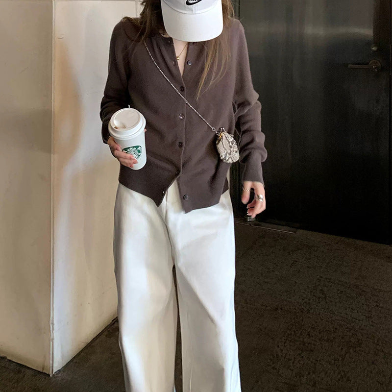 Grey Cardigan Wool Crewneck Single-breasted Knitted Cardigan