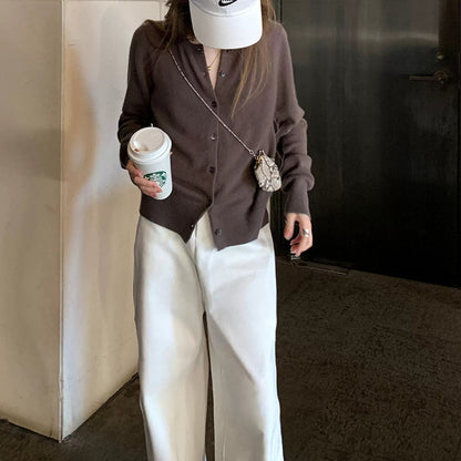 Grey Cardigan Wool Crewneck Single-breasted Knitted Cardigan