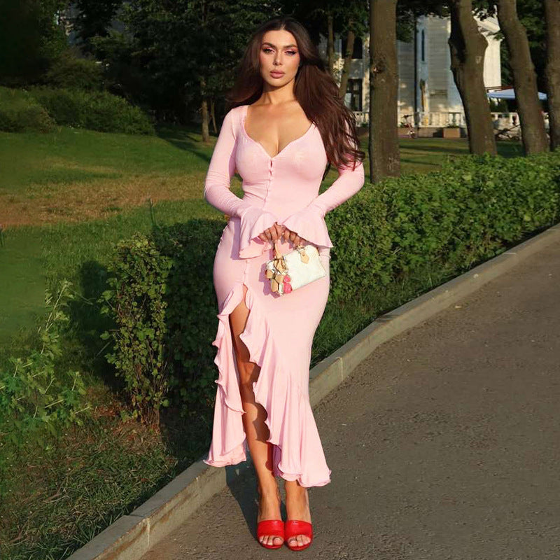 Summer New Fashion Sexy V-Neck Bell Sleeves Ruffled Slit Dress For Women