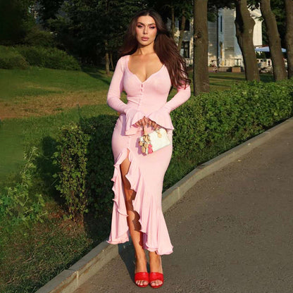 Summer New Fashion Sexy V-Neck Bell Sleeves Ruffled Slit Dress For Women