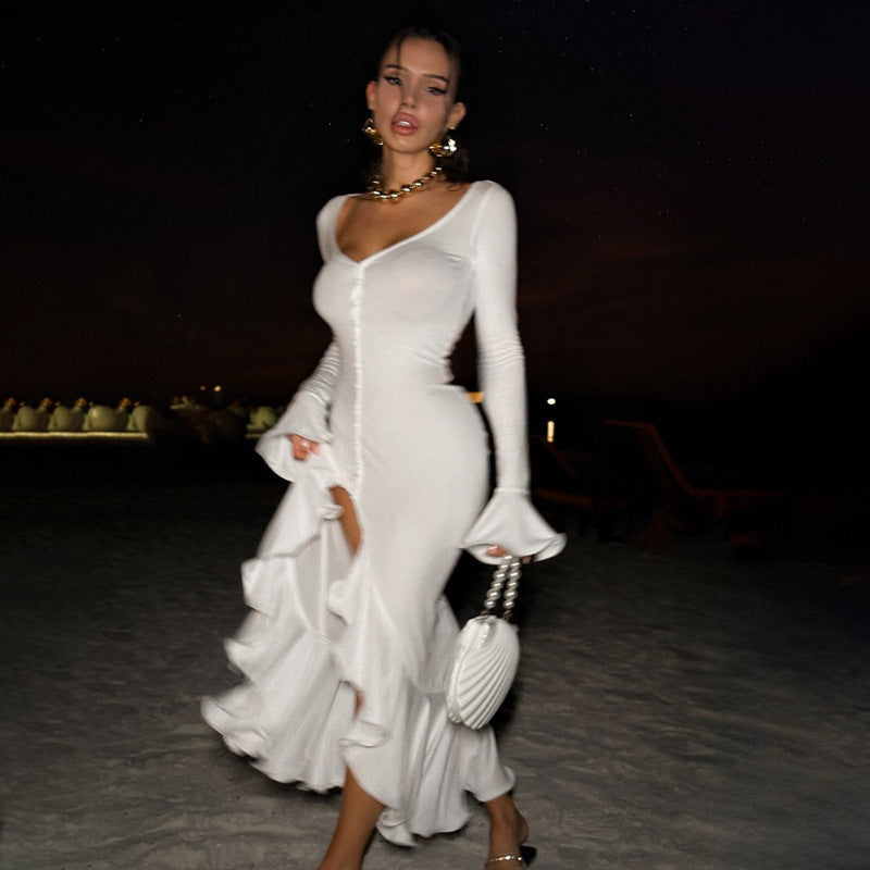 Summer New Fashion Sexy V-Neck Bell Sleeves Ruffled Slit Dress For Women