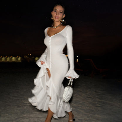 Summer New Fashion Sexy V-Neck Bell Sleeves Ruffled Slit Dress For Women